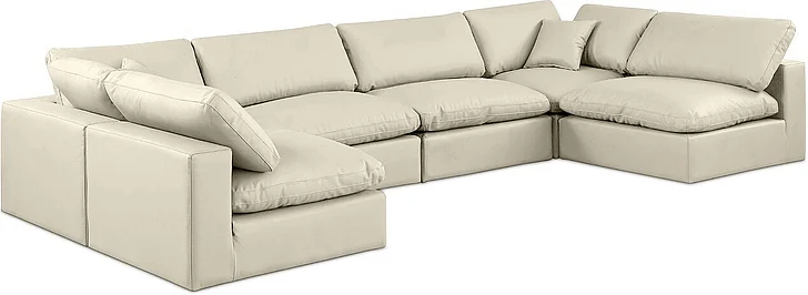 Meridian Comfy Faux Leather Sectional in Cream Faux Leather 188Cream-Sec6F