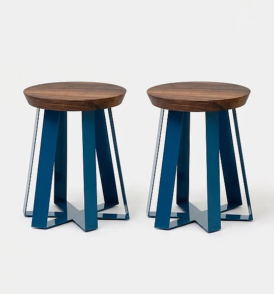 Artless Furniture ARS Steel Base with Walnut Top Stool (Set of 2) in Blue