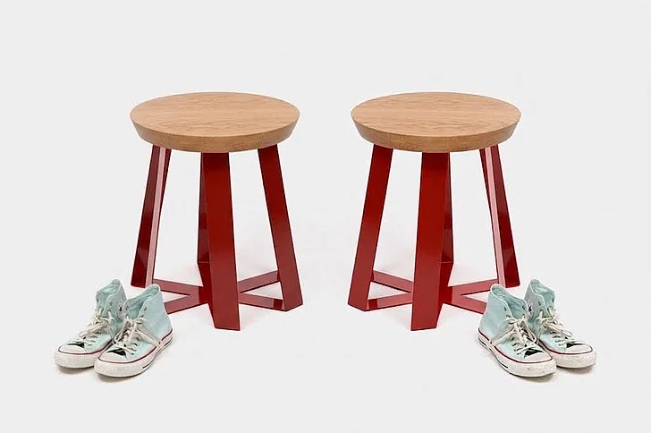 Artless Furniture ARS Steel Base with Oak Top Stool (Set of 2) in Red