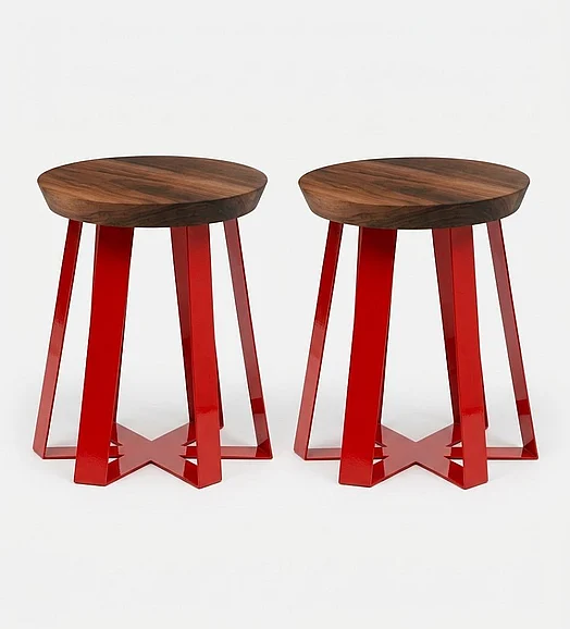Artless Furniture ARS Steel Base with Walnut Top Stool (Set of 2) in Red