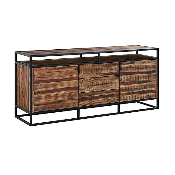 Armen Living Ludgate 3 Drawer Sideboard Buffet in Acacia and Black Metal LCLDBURU CLOSEOUT