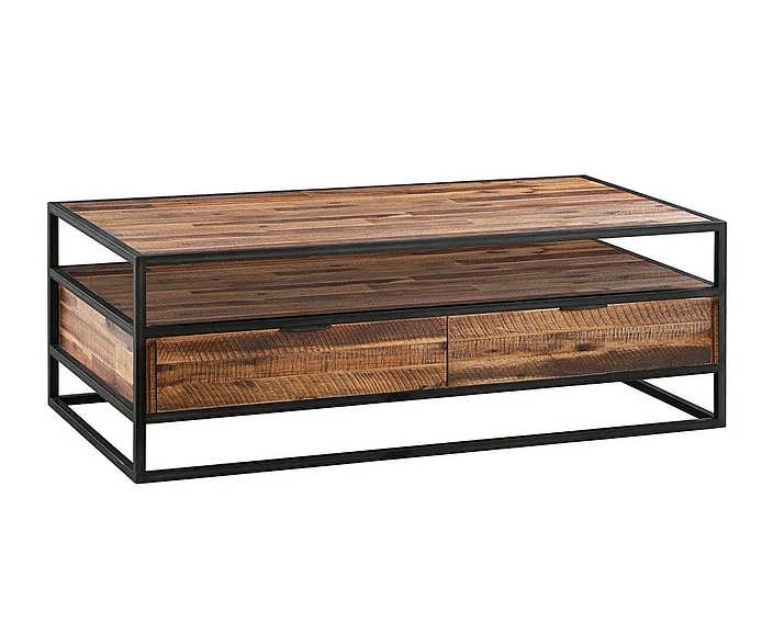 Armen Living Ludgate Rectangle Coffee Table with Shelf in Acacia and Black Metal LCLDCORU