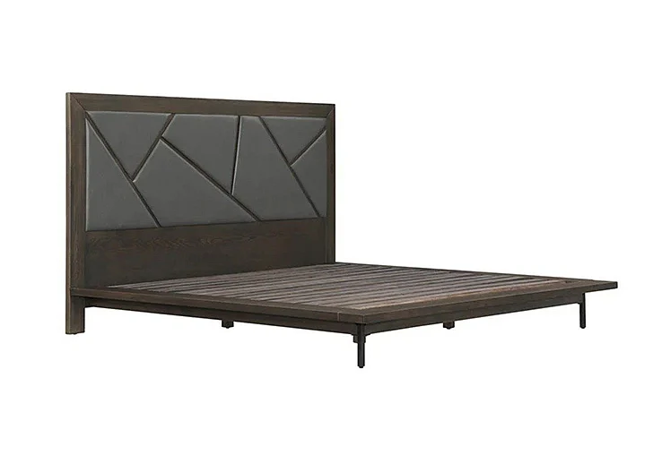 Armen Living Marquis King Size Platform Bed Frame in Oak with Faux Leather Headboard LCMUBDGRKG