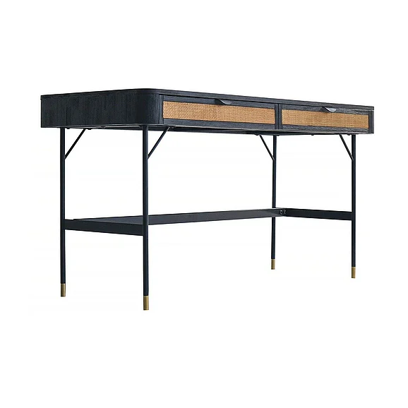 Armen Living Saratoga 2 Drawer Desk in Black Acacia with Rattan LCSRDEBL