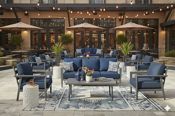 Restaurant Outdoor Seating Set - Gali 4Pc Outdoor Sofa/Chairs/Table Set in Gray/Blue