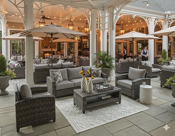 Restaurant Outdoor Seating Set - Oasis Court 4Pc Outdoor Sofa/Chairs/Table Set in Gray