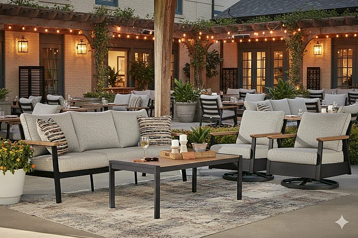 Restaurant Outdoor Seating Set - Carlsbad Beach 4Pc Sofa/Chairs/Table Set in Dark Brown