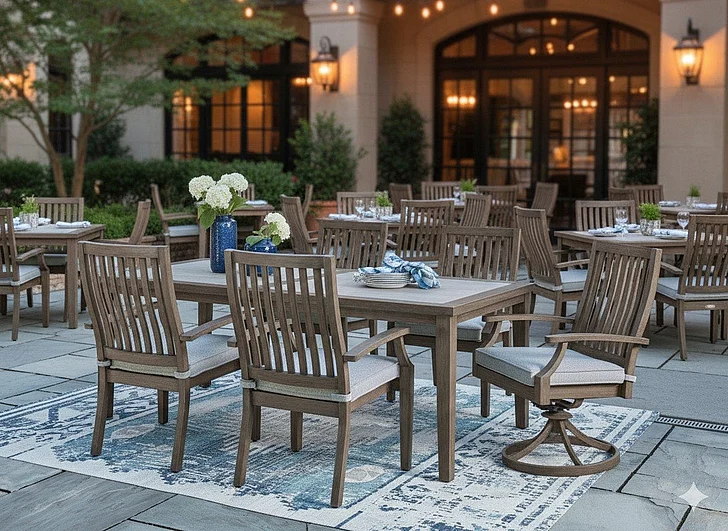 Restaurant Outdoor Seating Set - Rainier Ranch 7Pc Outdoor Rectangular Dining Table Set in Brown/Beige