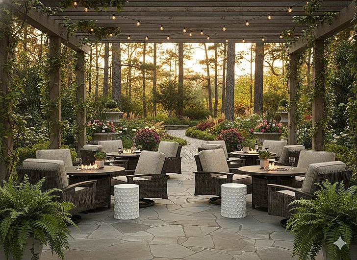 Restaurant Outdoor Seating Set - Paradise Trail 5Pc Outdoor Round Fire Pit Table Set in Medium Brown