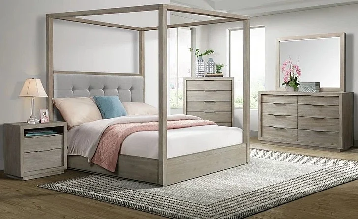 Elements International Arcadia 4-Piece Upholstered Canopy Bedroom Set in Grey