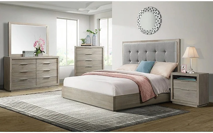 Elements International Arcadia 4-Piece Upholstered Panel Bedroom Set in Gray