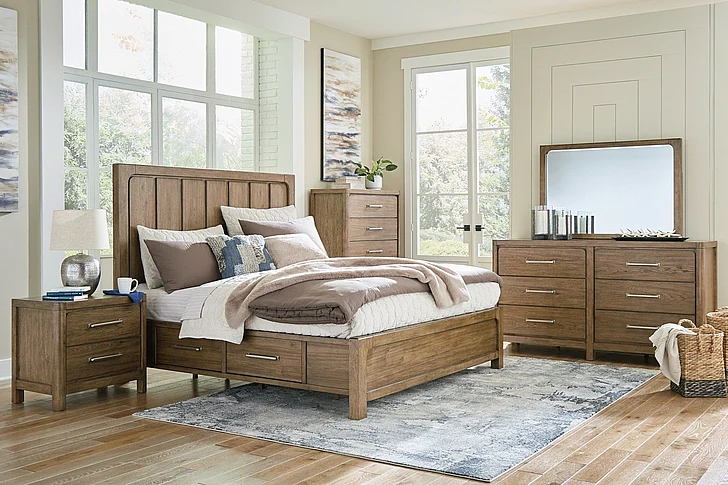 Cabalynn 4-Piece Panel Storage Bedroom Set in Light Brown