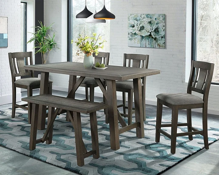 Elements International Cash 6-Piece Counter Height Dining Table Set in Rustic Distressed Espresso