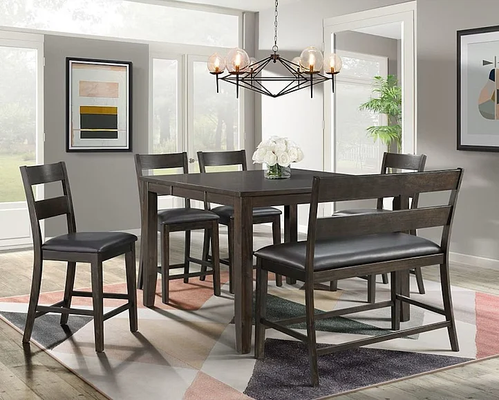 Elements International Mango 6-Piece Counter Height Dining Table Set in Dark Brown