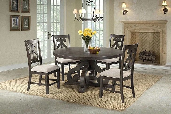 Elements International Stone 5-Piece Round Dining Table Set in Dark Ash