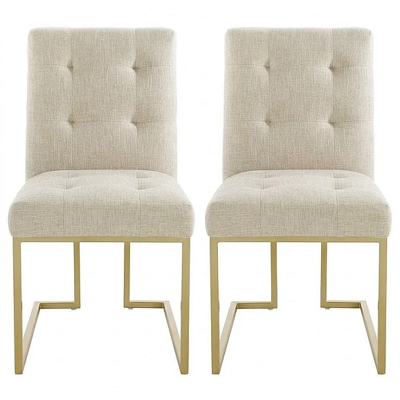 Modway Privy Gold Stainless Steel Upholstered Fabric Dining Accent Chair Set of 2 in Gold Beige EEI-4151-GLD-BEI
