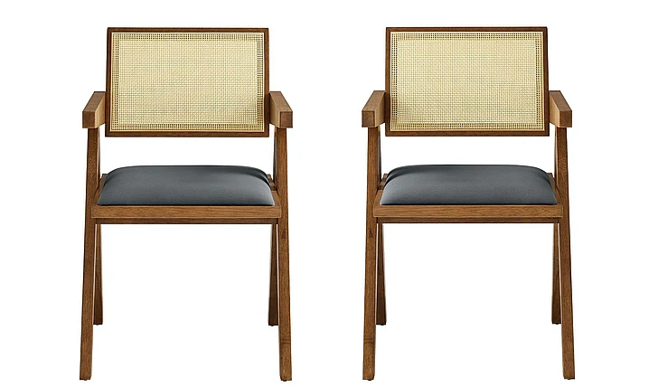 Modway Thera Vegan Leather Cane Dining Armchairs Set of 2 in Walnut Black EEI-6919-WAL-BLK