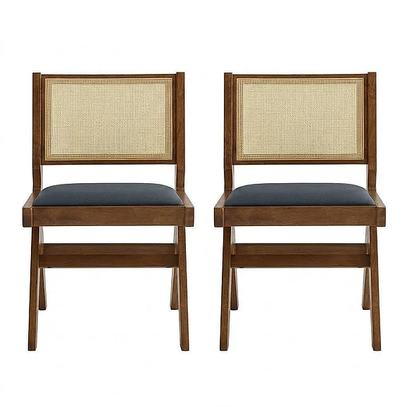 Modway Thera Vegan Leather and Cane Dining Side Chairs Set of 2 in Walnut Black EEI-6920-WAL-BLK