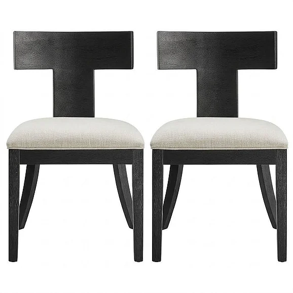 Modway Peregrine Wood and Fabric Upholstered Dining Chairs Set of 2 in Black Heathered Weave Ivory EEI-6923-BLK-HEI