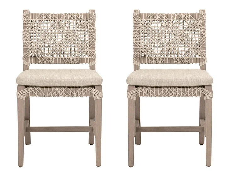 Essentials For Living Costa Outdoor Dining Chair, Set of 2 - Oat Flat Rope, Performance Ecru Weave, Washed Ever Teak 6849.OAT/ECR/W-ET