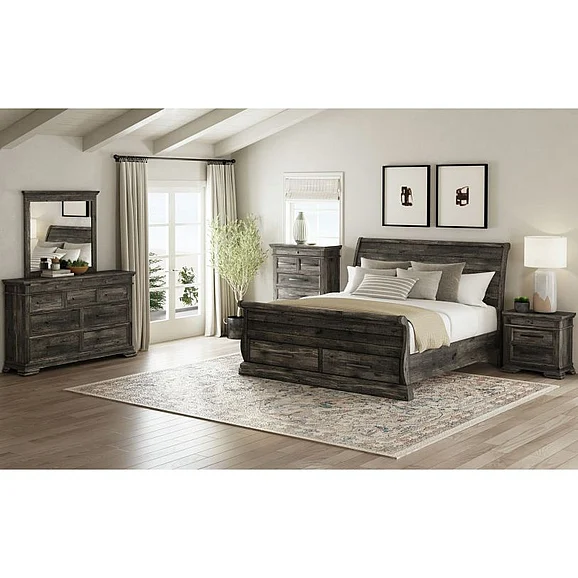 Elements International Park Ridge 4-Piece Sleigh Storage Bedroom Set in Charcoal