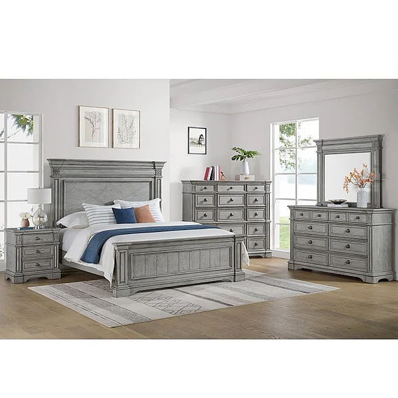 Elements International Glenmore 4-Piece Panel Bedroom Set in Aged Grey