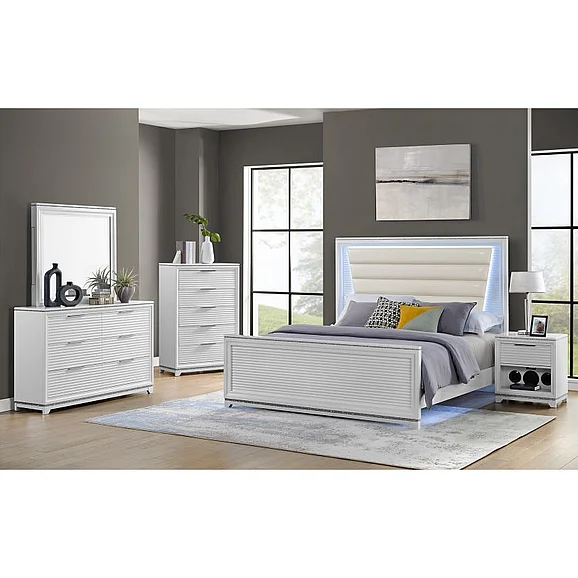 Elements International Denmark 4-Piece Upholstered Panel Bedroom Set in White