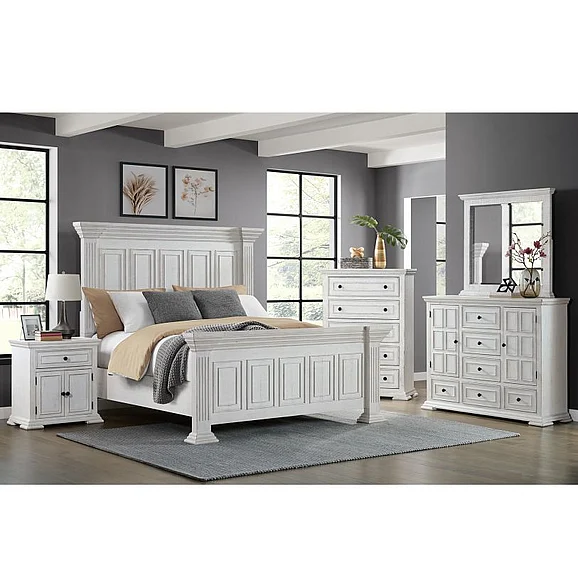 Elements International Heather 4-Piece Panel Bedroom Set in Rustic White