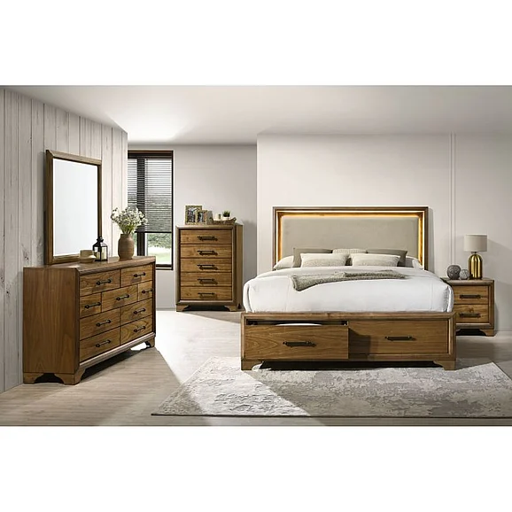 Elements International Harmony 4-Piece Upholstered Storage Bedroom Set in Walnut