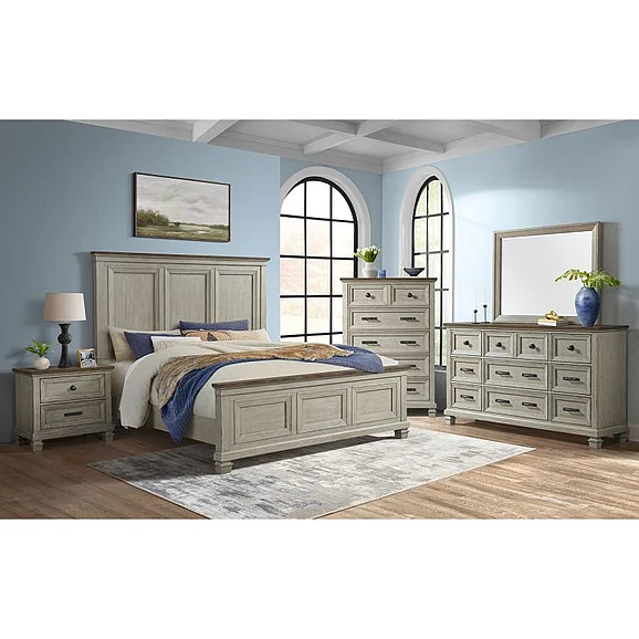 Elements International Farmington 4-Piece Panel Bedroom Set in Medium Brown and Washed Stone