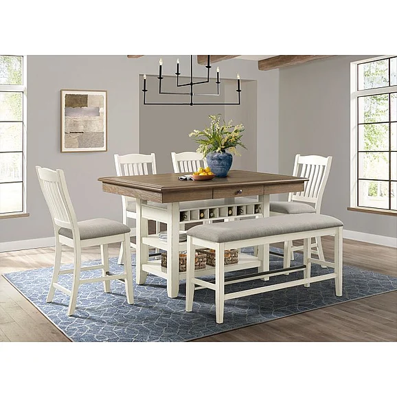 Elements International Bellevue 6-Piece Rectangular Counter Table Set in Walnut and Antique White