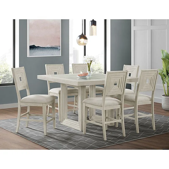 Elements International Avalanche 7-Piece Square Counter Dining Set in Antique White