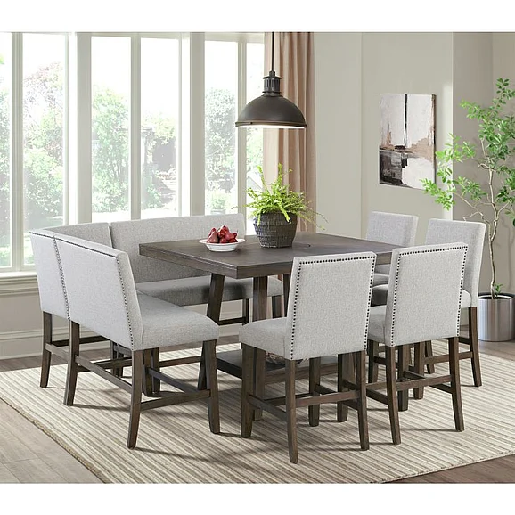 Elements International Seneca 8-Piece Square Counter Table w/ Lazy Susan Set in Brown