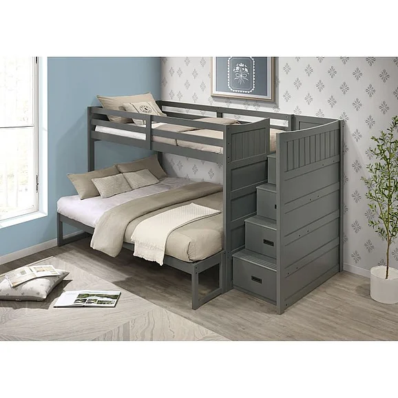 Elements International Sami 4-Piece Twin Over Full Step Bunk with Right HB Bedroom Set in Grey