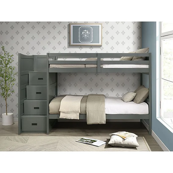 Elements International Sami 4-Piece Twin Over Twin Step Bunk with Left HB Bedroom Set in Grey