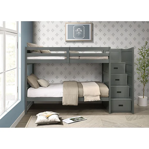 Elements International Sami 4-Piece Twin Over Twin Step Bunk with Right HB Bedroom Set in Grey
