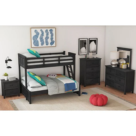 Elements International Hampton Kids 4-Piece Twin Over Full Bunk with Ladder Bedroom Set in Charcoal