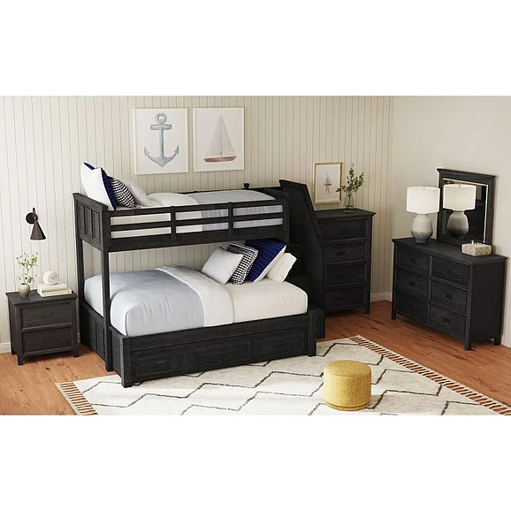 Elements International Hampton Kids 4-Piece Twin Over Full Bunk with Staircase and Trundle Bedroom Set in Charcoal