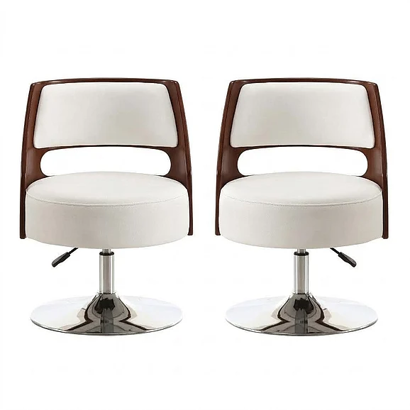 Manhattan Comfort Salon White and Polished Chrome Faux Leather Adjustable Height Swivel Accent Chair (Set of 2) 2-AC034-WH