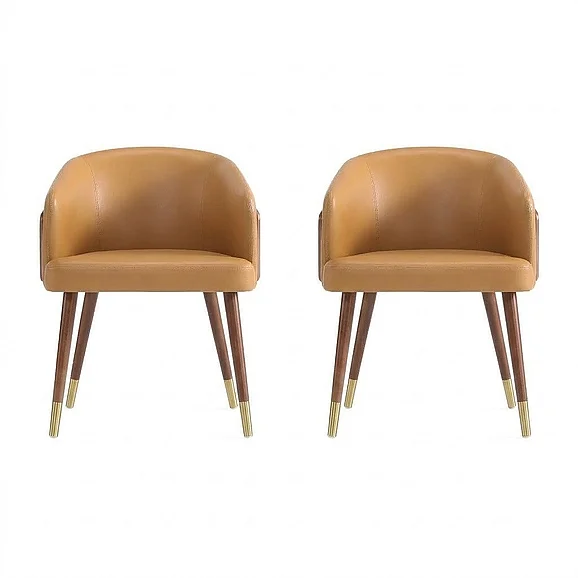 Manhattan Comfort Modern Reeva Dining Chair Upholstered in Leatherette with Beech Wood Back and Solid Wood Legs in Walnut and Camal- Set of 2 2-DC082-CL