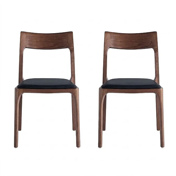 Manhattan Comfort Modern Moderno Stackable Dining Chair Upholstered in Leatherette with Solid Wood Frame in Walnut and Black- Set of 2 DC070-BK