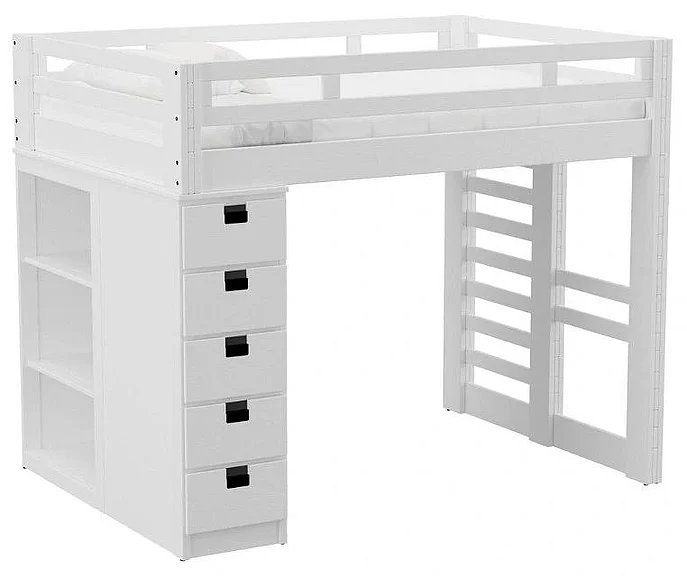 Elements International Cali Kids 4-Piece Twin Loft Bookcase Bedroom Set in White