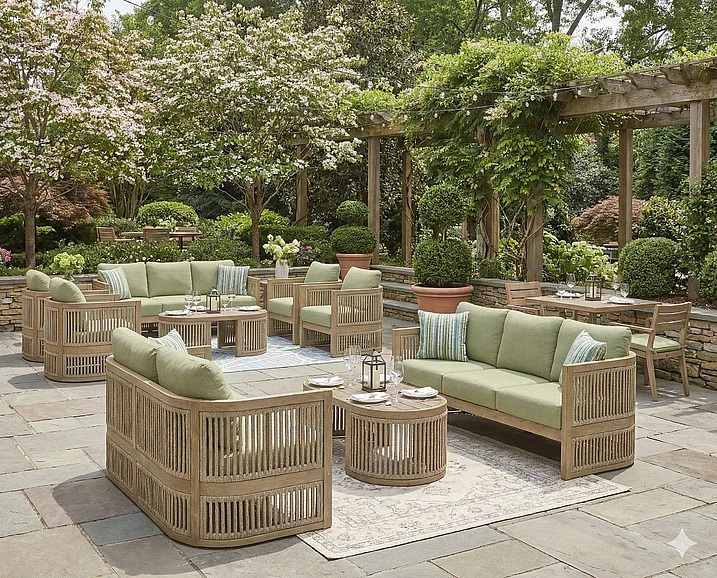 Restaurant Outdoor Seating Set - Moondance 3Pc Sofa Seating Set w/ Cushion in Beige/Green