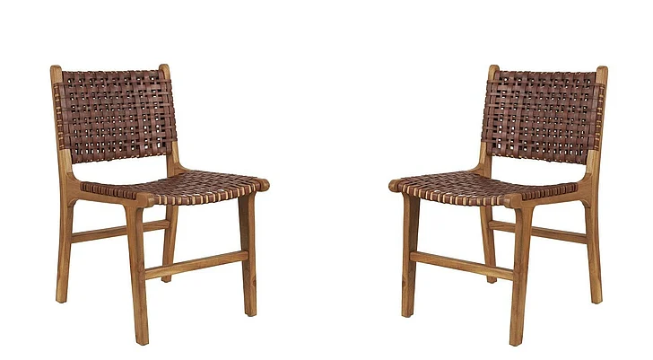 UMA Dark Brown Leather Handmade Woven Living Room Accent Chair with Teak Wood Frame (Set of 2) 28166 CLOSEOUT