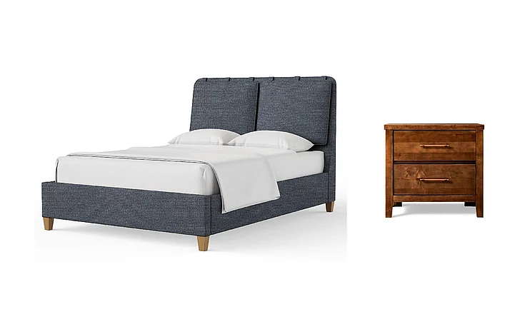 Vaughan-Bassett Pure Maple 2pc Upholstered Bedroom Set in Navy Tweed/Maple Syrup