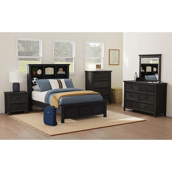 Elements International Hampton Kids 4-Piece Bookcase Bedroom Set in Charcoal