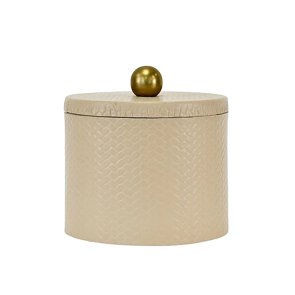 Worlds Away Round Ivory Faux Leather Container w/ Brass Ball Handle EMMA