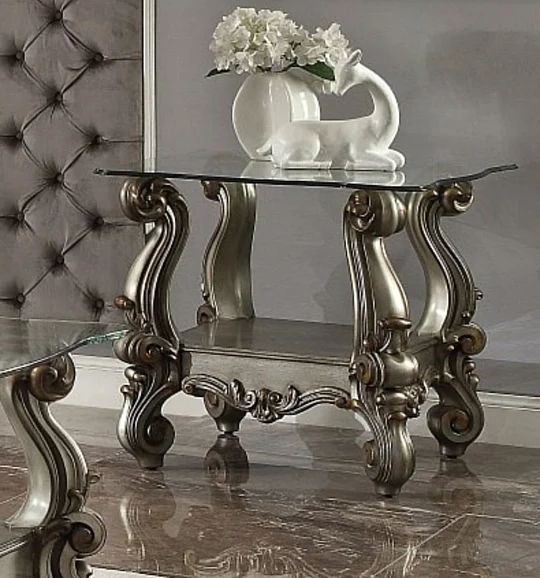 Acme Versailles End Table in Antique Platinum & Clear Glass 86842