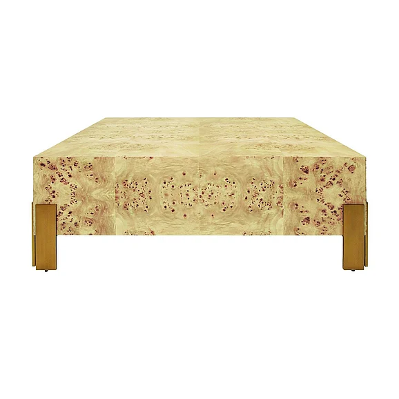 Worlds Away Square Chunk Coffee Table w/ Antique Brass Leg Brackets in Burl Wood ENID BW