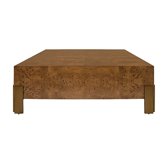 Worlds Away Square Chunk Coffee Table w/ Antique Brass Leg Brackets in Dark Burl Wood ENID DBW